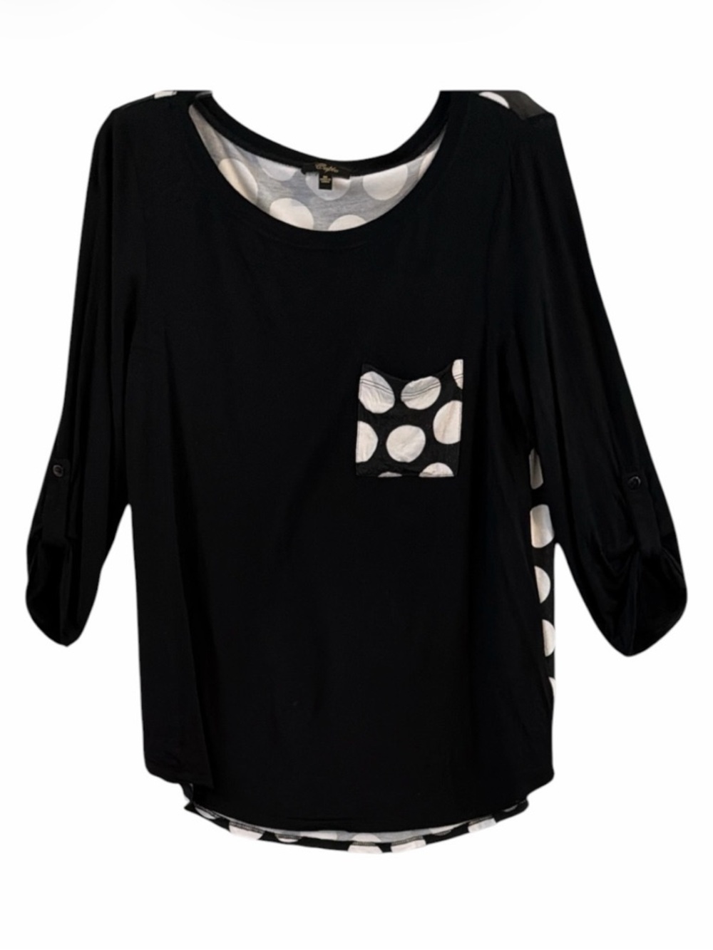 Cupio Silky Viscose Lagenlook Black White Polka Dot Roll Tab 3/4 Sleeve Top M
